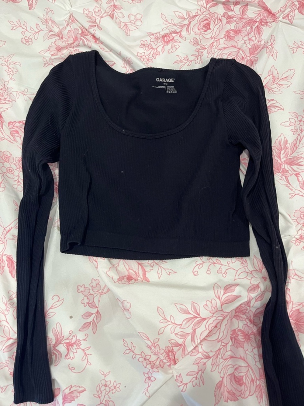 Garage Black Ribbed Long Sleeve Crop Top - Scoop Neck